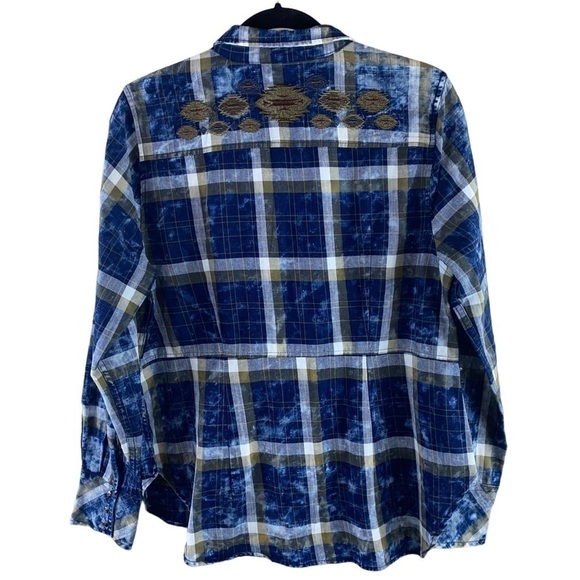Wrangler Heritage Blue & Green Bleached Plaid Western Embroidered Shirt Top Sz L - Picture 3 of 8